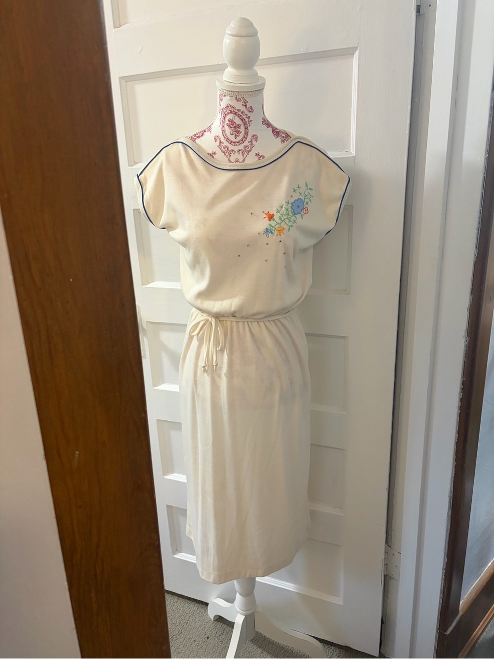Vintage Cream Embroidered Drawstring Midi Dress
